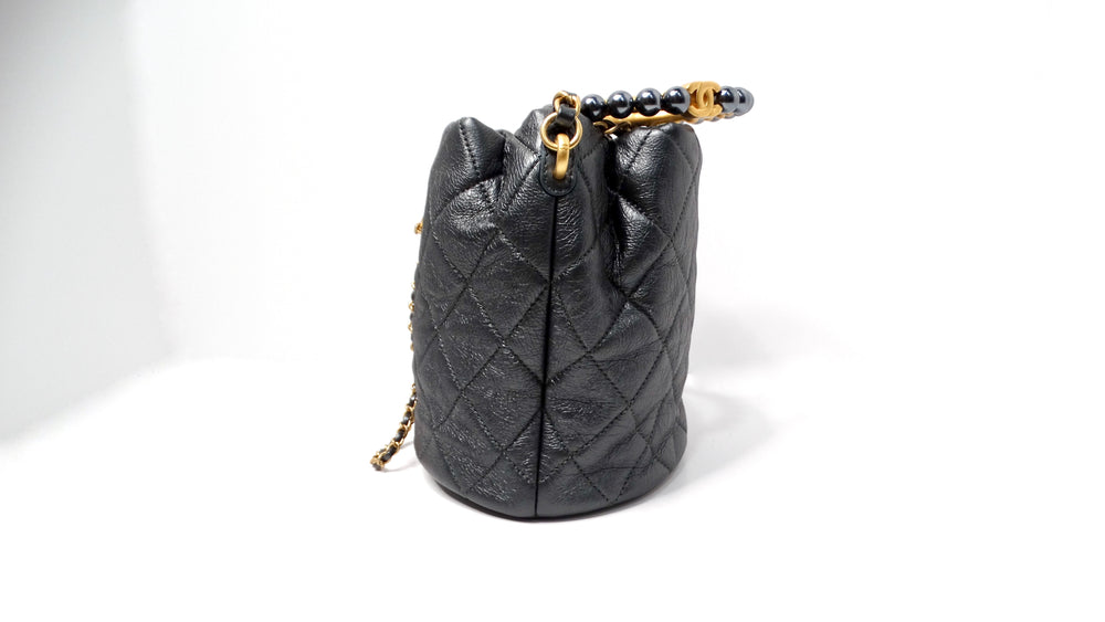 Chanel Gray Metallic Quilted Lambskin Pearl Crown Drawstring Bucket Bag