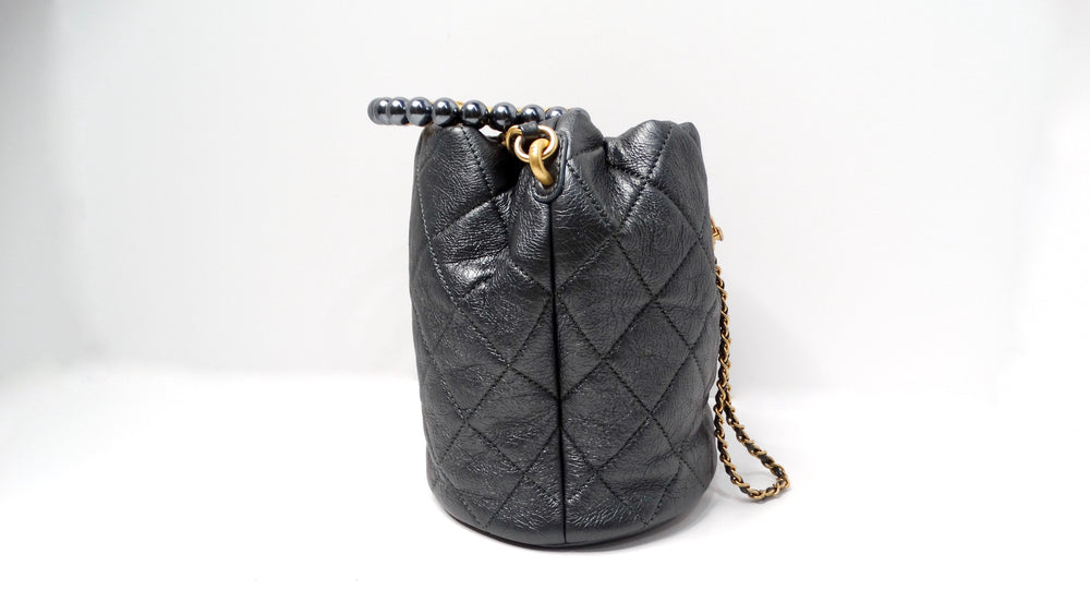 Chanel Gray Metallic Quilted Lambskin Pearl Crown Drawstring Bucket Bag