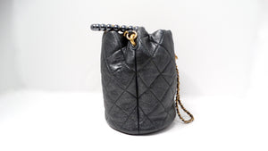 Chanel Gray Metallic Quilted Lambskin Pearl Crown Drawstring Bucket Bag