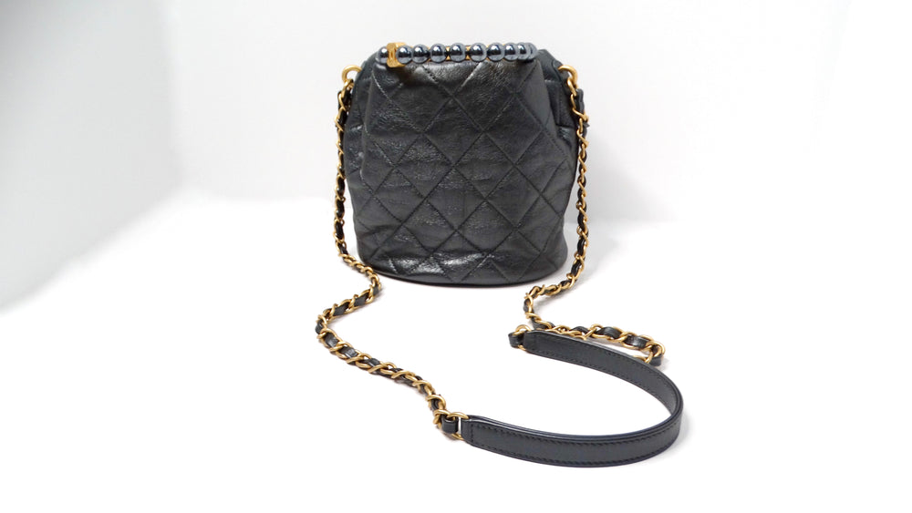 Chanel Gray Metallic Quilted Lambskin Pearl Crown Drawstring Bucket Bag