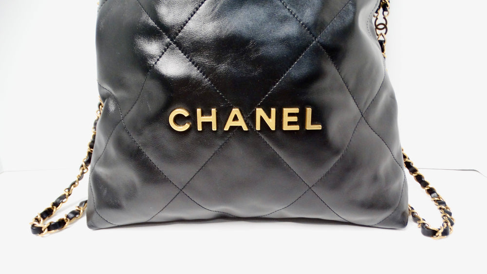 Chanel 22 Black Shiny Calfskin Backpack With Gold-Tone Hardware & Twill