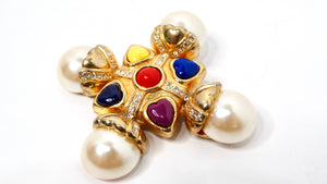 Escada 1990s Multicolor Cross Pearl Gold-Tone Brooch