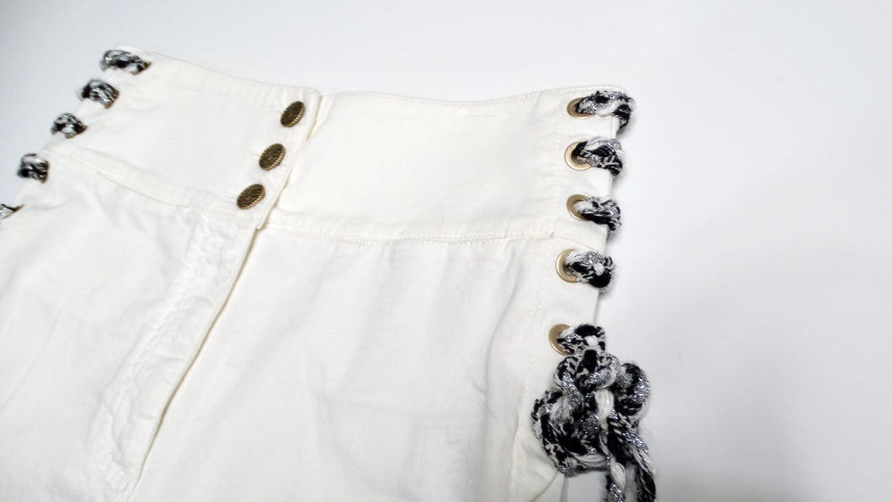 Chanel White High-Waisted Cotton Stretch Denim Shorts With Lace Up Braid Detail