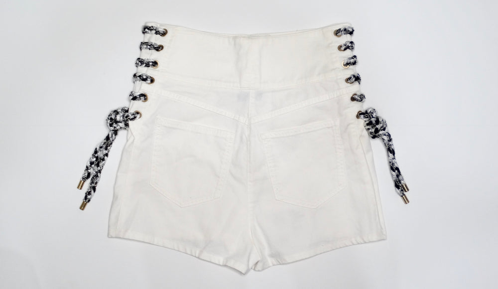 Chanel White High-Waisted Cotton Stretch Denim Shorts With Lace Up Braid Detail