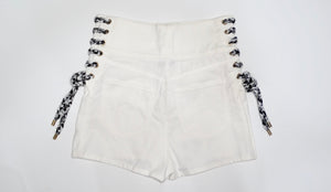 Chanel White High-Waisted Cotton Stretch Denim Shorts With Lace Up Braid Detail