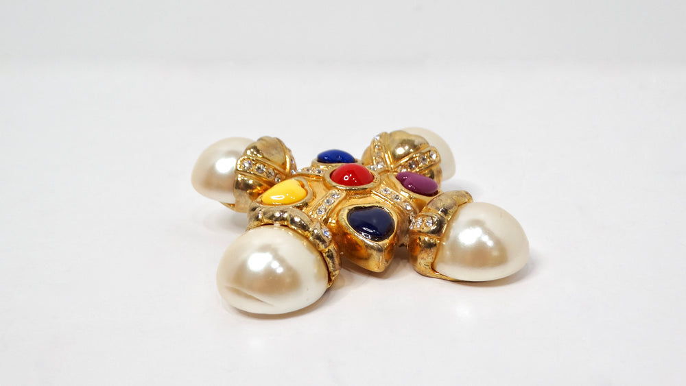 Escada 1990s Multicolor Cross Pearl Gold-Tone Brooch