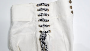 Chanel White High-Waisted Cotton Stretch Denim Shorts With Lace Up Braid Detail