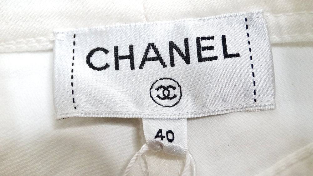 Chanel White High-Waisted Cotton Stretch Denim Shorts With Lace Up Braid Detail