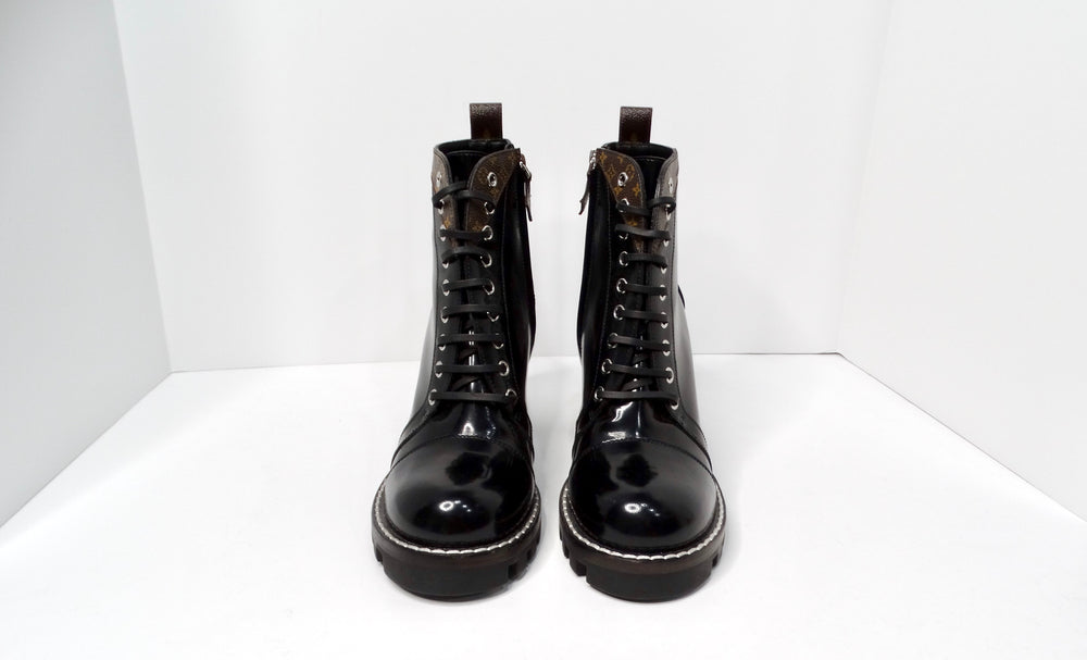 Louis Vuitton LV Monogram Patent Leather Lace-Up Ankle Combat Boots