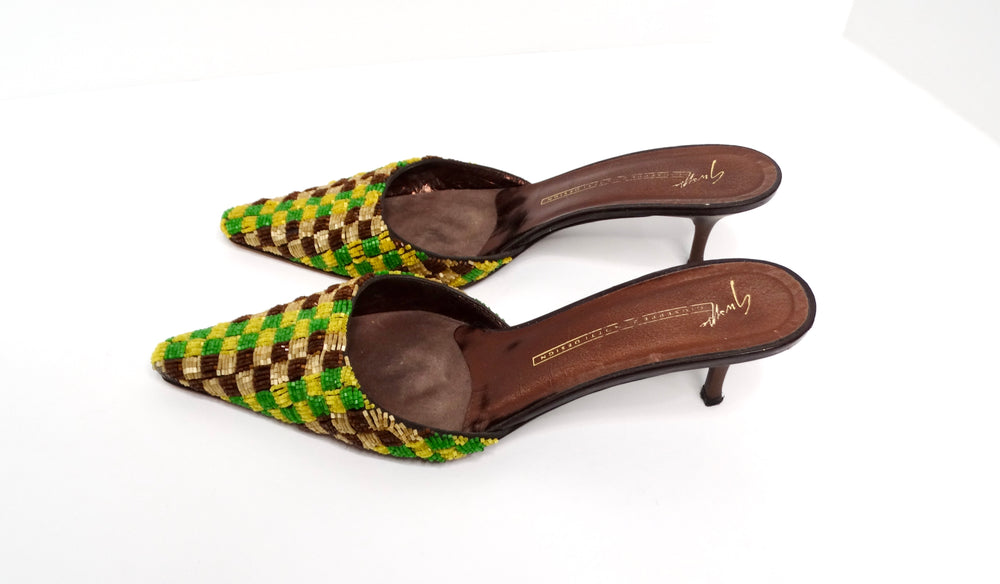 Giuseppe Zanotti Y2K Green & Yellow Beaded Checkered Kitten-Heel Mules