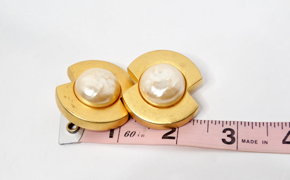 Karl Lagerfeld Vintage Gold-Tone Geometric Costume Pearl Clip-On Earrings