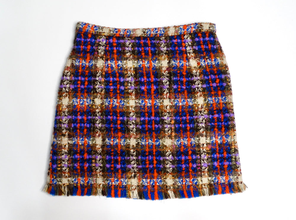 Gucci Tweed Multicolor Plaid Frayed Skirt With Horseshoe Buckle Detailing