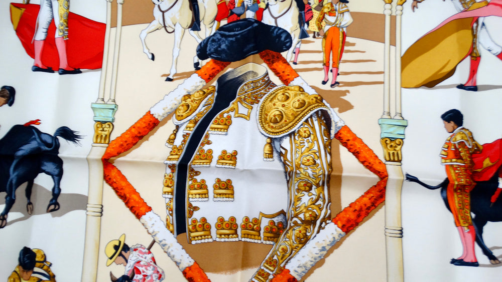 Vintage Hermes "Plaza de Toros" Matador Scene Printed Silk Scarf