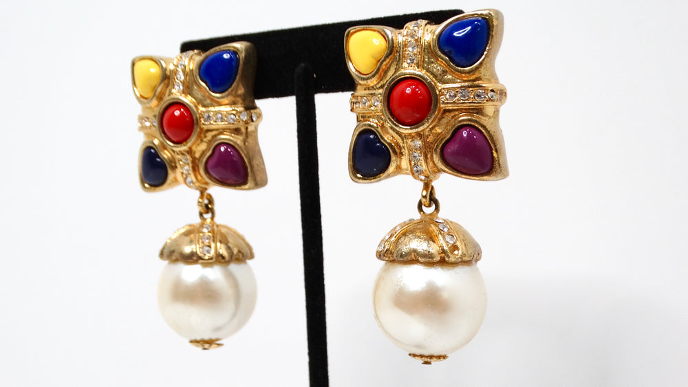 Esacada 1990s Multicolor Hearts & Pearl Drop Gold-Tone Clip-On Earrings