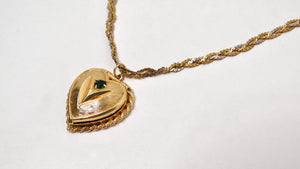 1961 Heart-Shaped Engraved 14k Gold Locket Necklace With Emerald Flower Motif