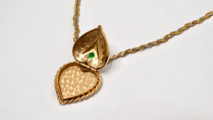 1961 Heart-Shaped Engraved 14k Gold Locket Necklace With Emerald Flower Motif