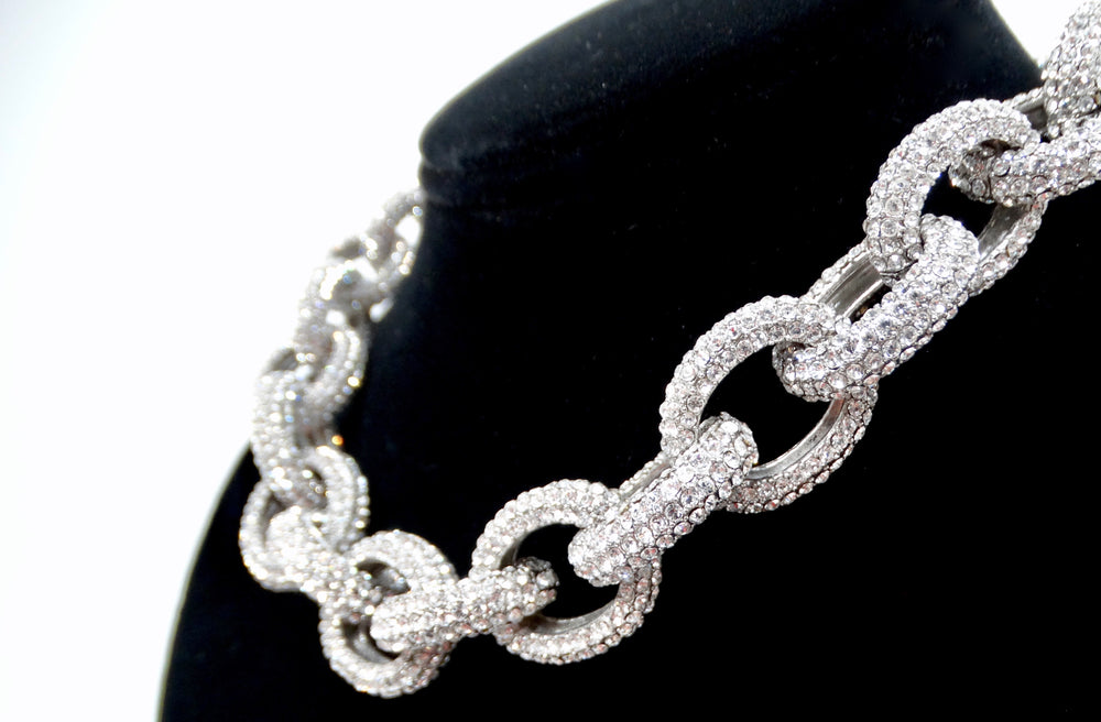 Rhinestone Silver-Tone Chunky Link Chain Choker Necklace