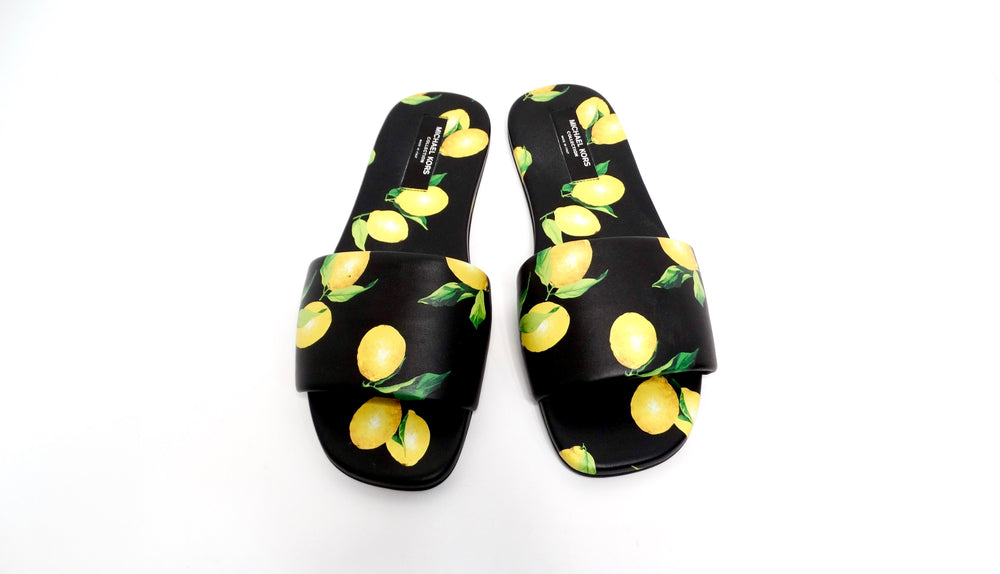 Michael Kors Collection Lemon Print Leather Delphine Slides