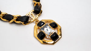 Chanel Gold Plated CC Gripoix & Crystal Pendant Leather Choker