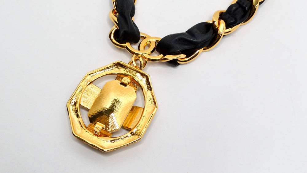 Chanel Gold Plated CC Gripoix & Crystal Pendant Leather Choker