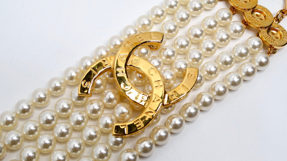 Chanel Gold Plated CC & Button Detail 6-Strand Pearl Bracelet