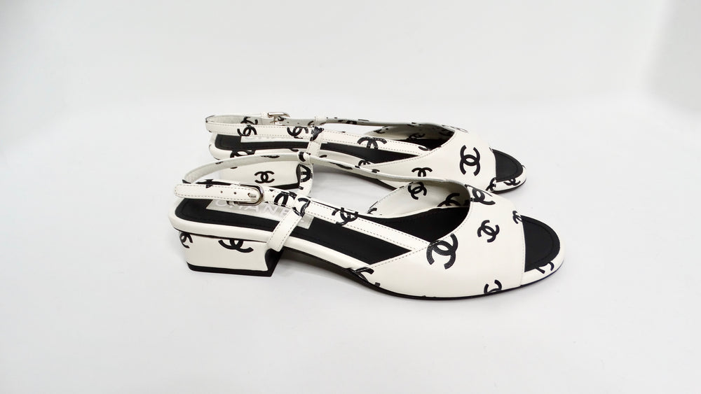 Chanel 2022 Lambskin White & Black Interlocking CC Print Slingback Sandals