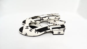 Chanel 2022 Lambskin White & Black Interlocking CC Print Slingback Sandals