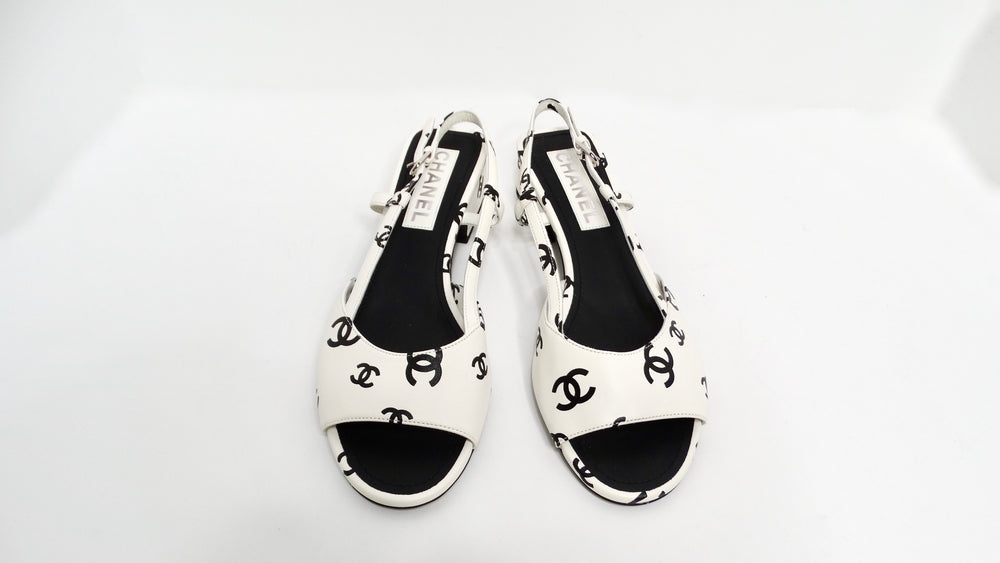 Chanel 2022 Lambskin White & Black Interlocking CC Print Slingback Sandals