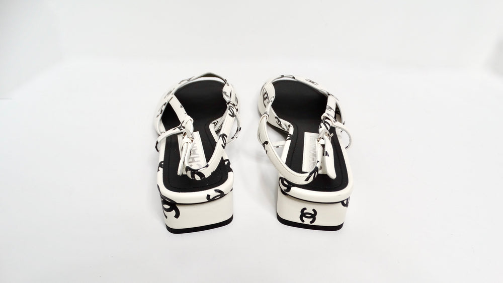 Chanel 2022 Lambskin White & Black Interlocking CC Print Slingback Sandals