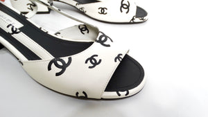 Chanel 2022 Lambskin White & Black Interlocking CC Print Slingback Sandals