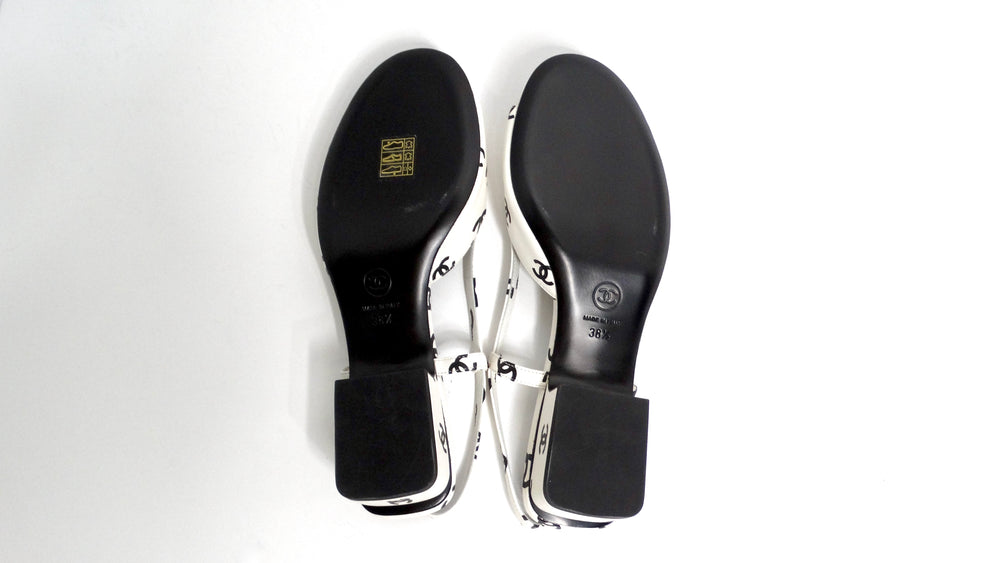 Chanel 2022 Lambskin White & Black Interlocking CC Print Slingback Sandals