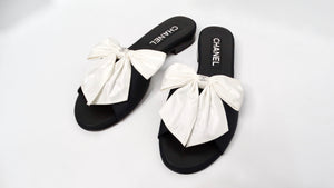 Chanel Silk Bow Leather Sandals With Crystal Interlocking CC