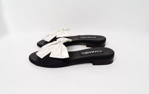 Chanel Silk Bow Leather Sandals With Crystal Interlocking CC