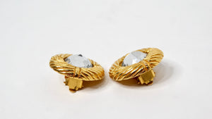1990s Chanel Round Gold Tone Ribbed Rhinestone Clip-On Earrings