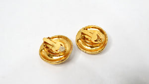 1990s Chanel Round Gold Tone Ribbed Rhinestone Clip-On Earrings