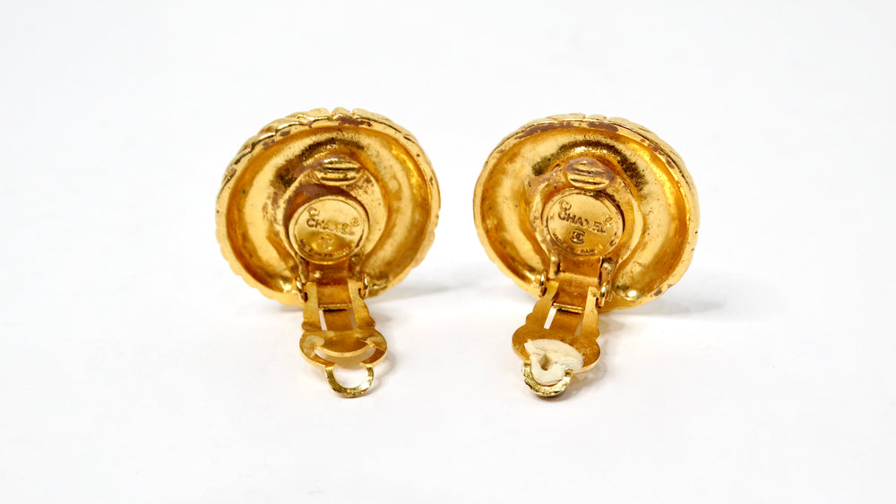 1990s Chanel Round Gold Tone Ribbed Rhinestone Clip-On Earrings
