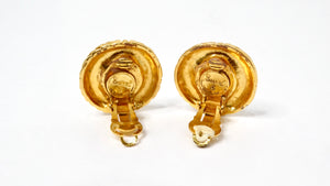 1990s Chanel Round Gold Tone Ribbed Rhinestone Clip-On Earrings