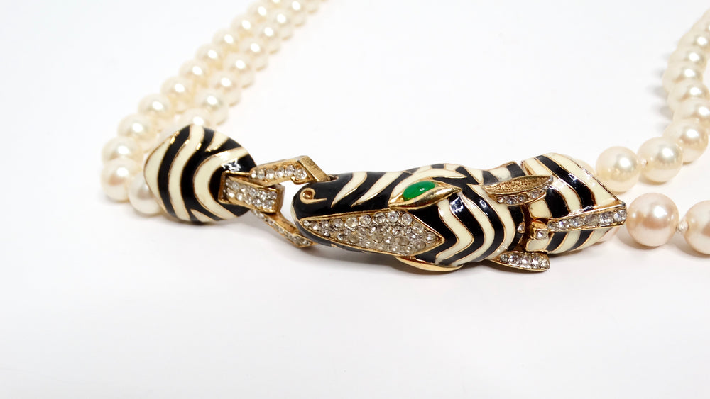 Bulgari-Inspired Vintage Zebra Motif Costume Pearl Strand Necklace