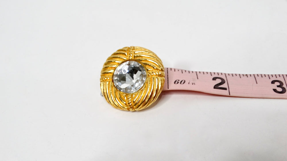 1990s Chanel Round Gold Tone Ribbed Rhinestone Clip-On Earrings