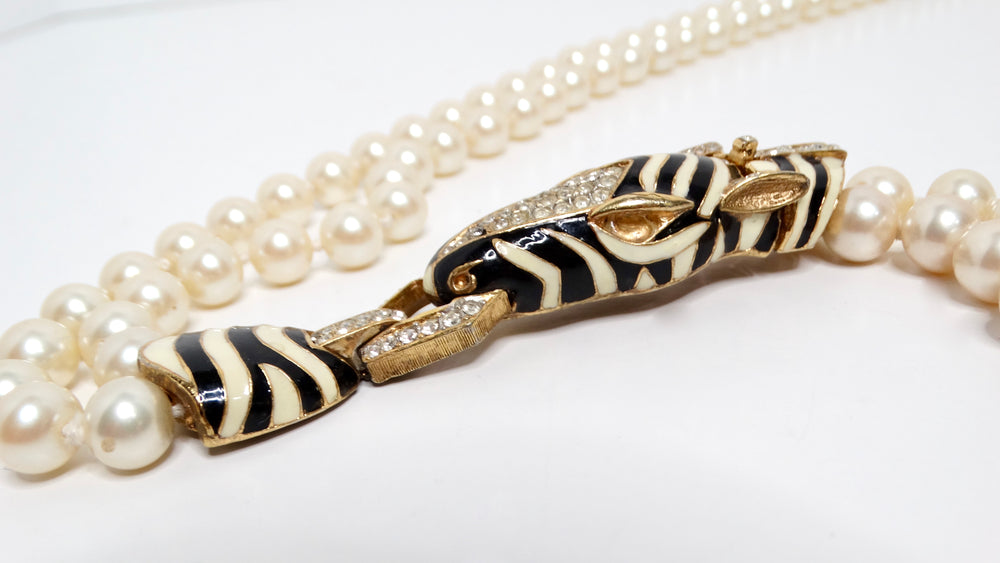 Bulgari-Inspired Vintage Zebra Motif Costume Pearl Strand Necklace