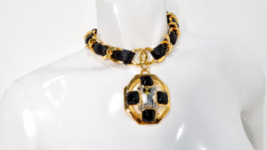 Chanel Gold Plated CC Gripoix & Crystal Pendant Leather Choker