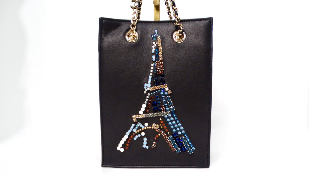 Chanel 2017 Minaudière Swarovski Crystal Eiffel Tower Motif Leather Tote