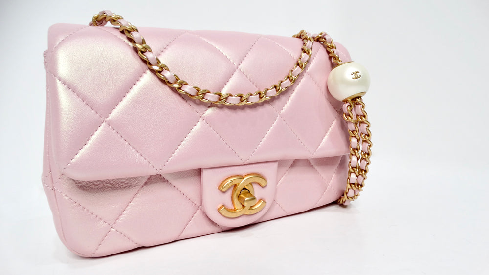 Chanel 2024 Pink Pearly Iridescent Quilted Lambskin Leather Mini Crossbody Bag