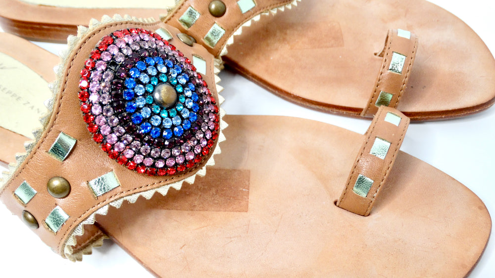 Giuseppe Zanoti Brown Leather Rainbow Rhinestone Sandals