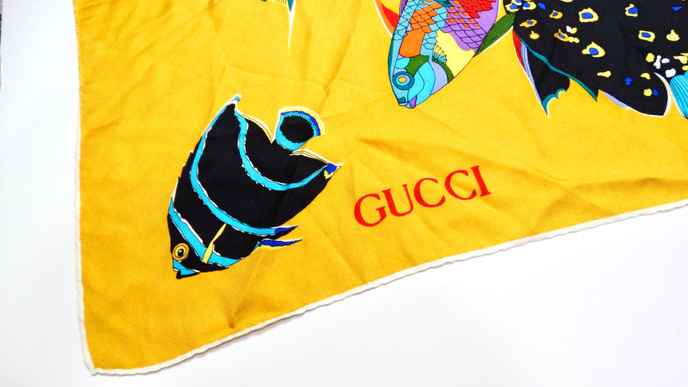 Gucci 1980s Silk Yellow Floral & Fish Motif Printed Scarf