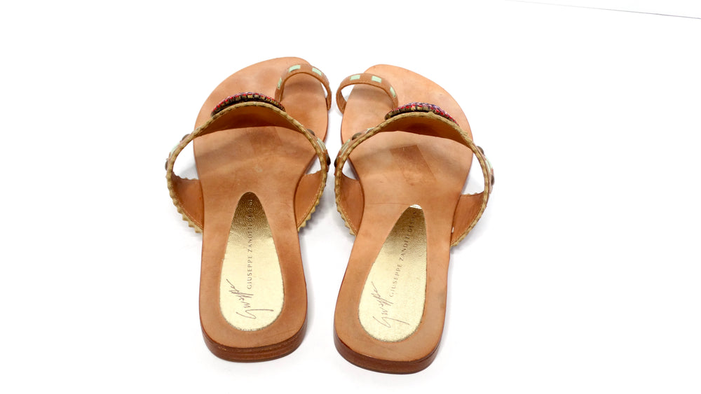 Giuseppe Zanoti Brown Leather Rainbow Rhinestone Sandals