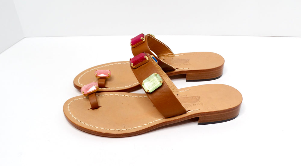 Brown Leather Sandals With Colorful Faux Gemstone Accents