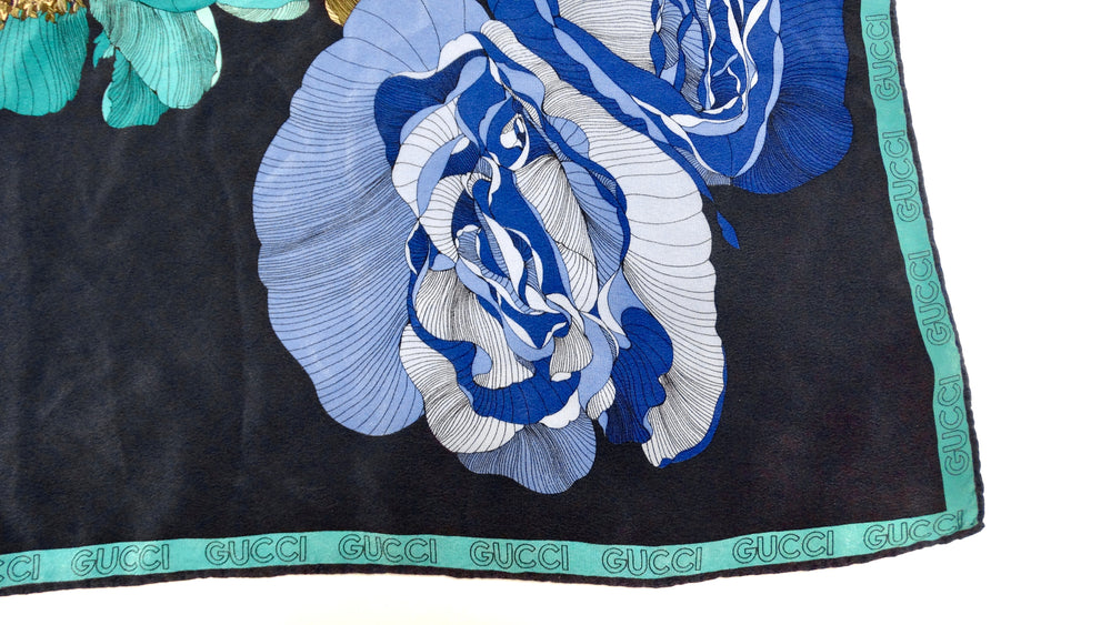 Gucci Vintage Silk Blue Floral Print Scarf