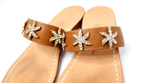 Brown Leather Sandals With Rhinestone Embellished Starfish Accents