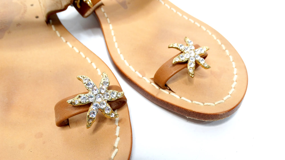 Brown Leather Sandals With Rhinestone Embellished Starfish Accents